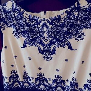 David Meister Blue and White Sleeveless dress with Intricate Design